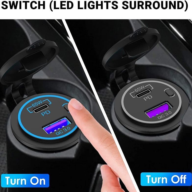 65W PD 12V USB Outlet for Laptop - Car Charger Socket Multi Port USB Outlet Quick Charge3.0 18W with Power Switch Long