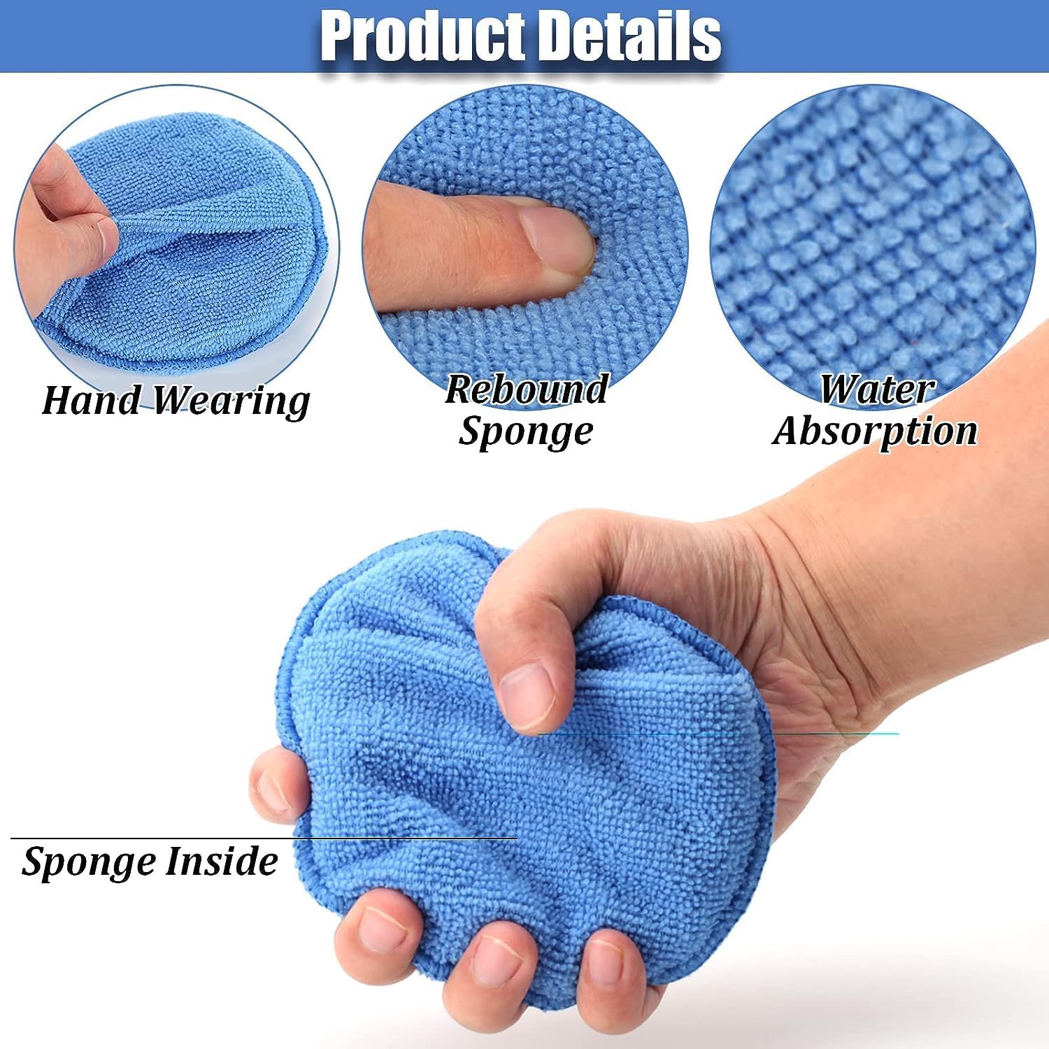 Microfiber Wax Applicator Pads, Car Wax Applicator with Finger Pocket, Buffing & Detail Polishing Foam Pads for Car Cleaning and Fine Polishing (5 inch, 6 Pack)