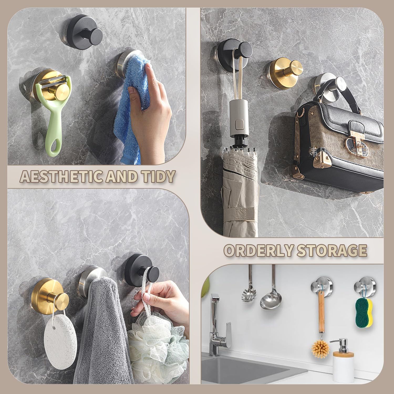 2026 Upgraded Drill-Free Suction Cup Hooks, Stainless Steel Suction Cup Hooks for Shower, Mirror, Wall, Bathroom, Glass, Hanging Towels - 4 Pack, Black