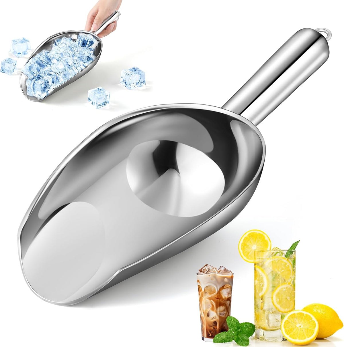 12 oz (approx. 340.2 g) Stainless Steel Refrigerator Ice Scoop – Dishwasher safe metal scoop with long handle for ice makers, buckets, dog food, flour, and jars – perfect for bars, parties, and weddings