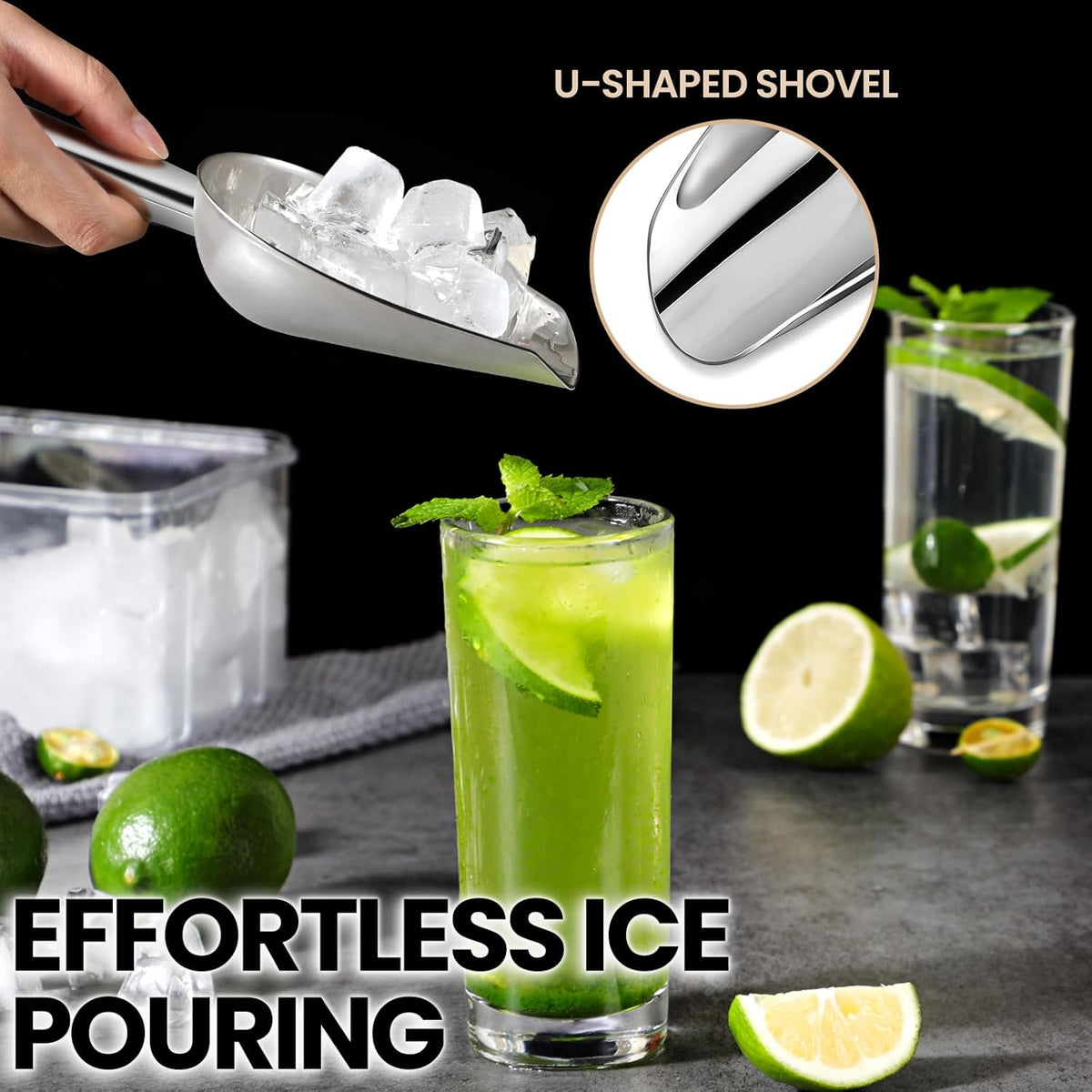 12 oz (approx. 340.2 g) Stainless Steel Refrigerator Ice Scoop – Dishwasher safe metal scoop with long handle for ice makers, buckets, dog food, flour, and jars – perfect for bars, parties, and weddings