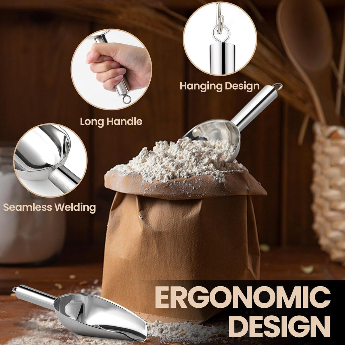 18 oz (approx. 510.3 g) Stainless Steel Fridge Ice Scoop – Dishwasher safe metal scoop with long handle for ice makers, buckets, dog food, flour, and jars – perfect for bars, parties, and weddings