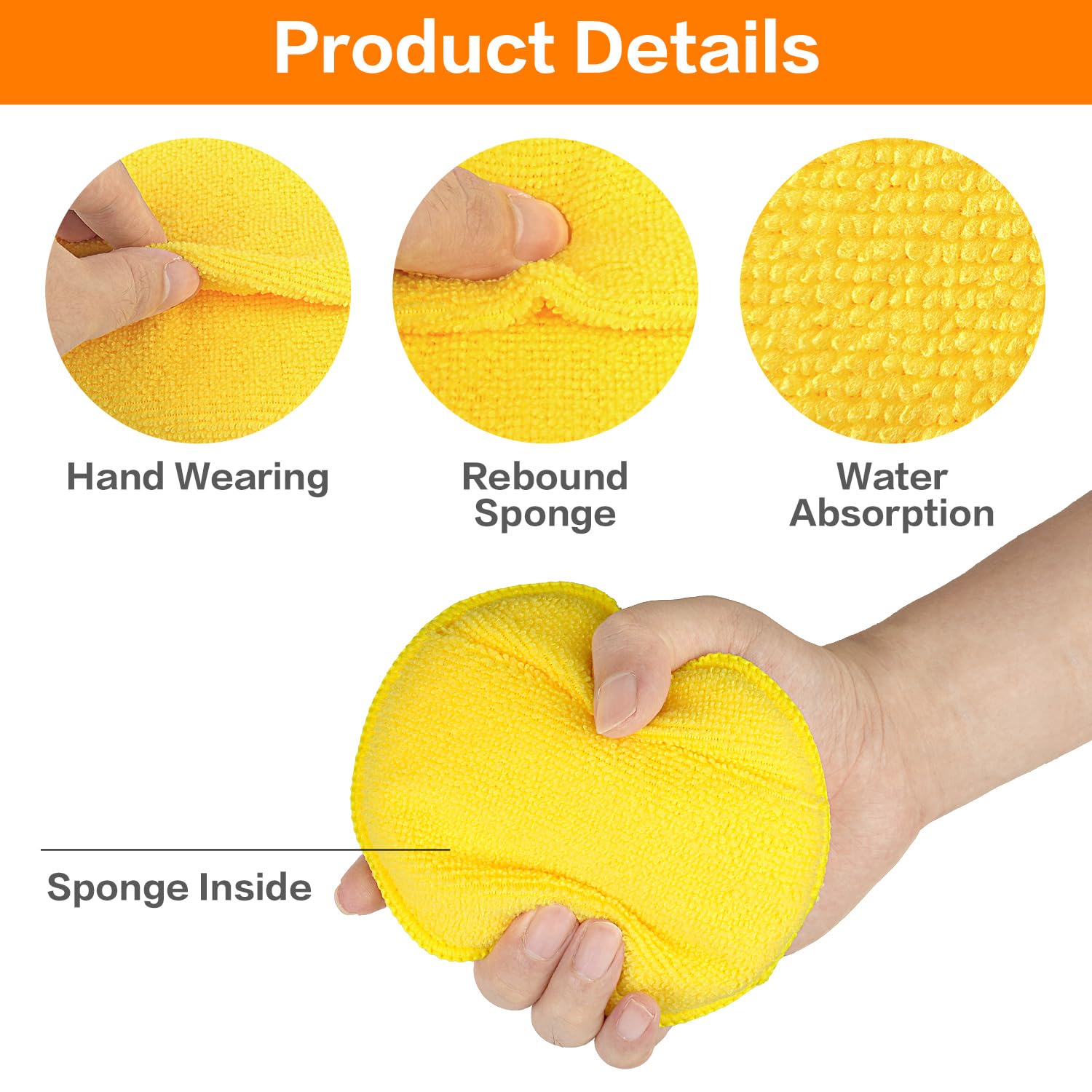 Microfiber Wax Applicator Pads, Car Wax Applicator with Finger Pocket, Buffing & Detail Polishing Foam Pads for Car Cleaning and Fine Polishing (5 inch, 6 Pack) (Yellow)