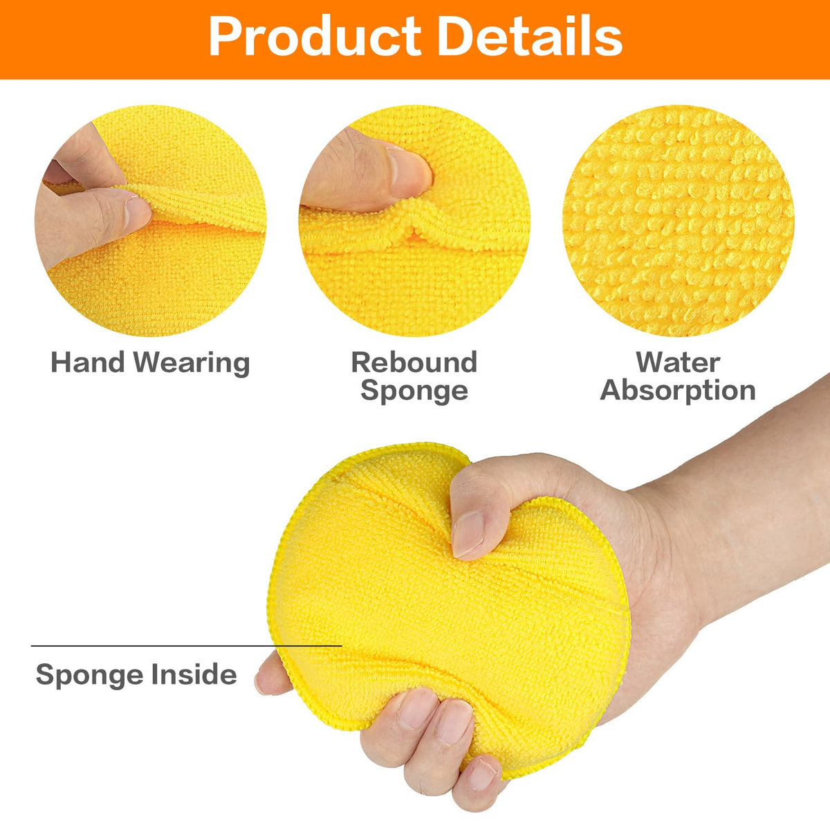Microfiber Wax Applicator Pads, Car Wax Applicator with Finger Pocket, Buffing & Detail Polishing Foam Pads for Car Cleaning and Fine Polishing (5 inch, 6 Pack) (Yellow)