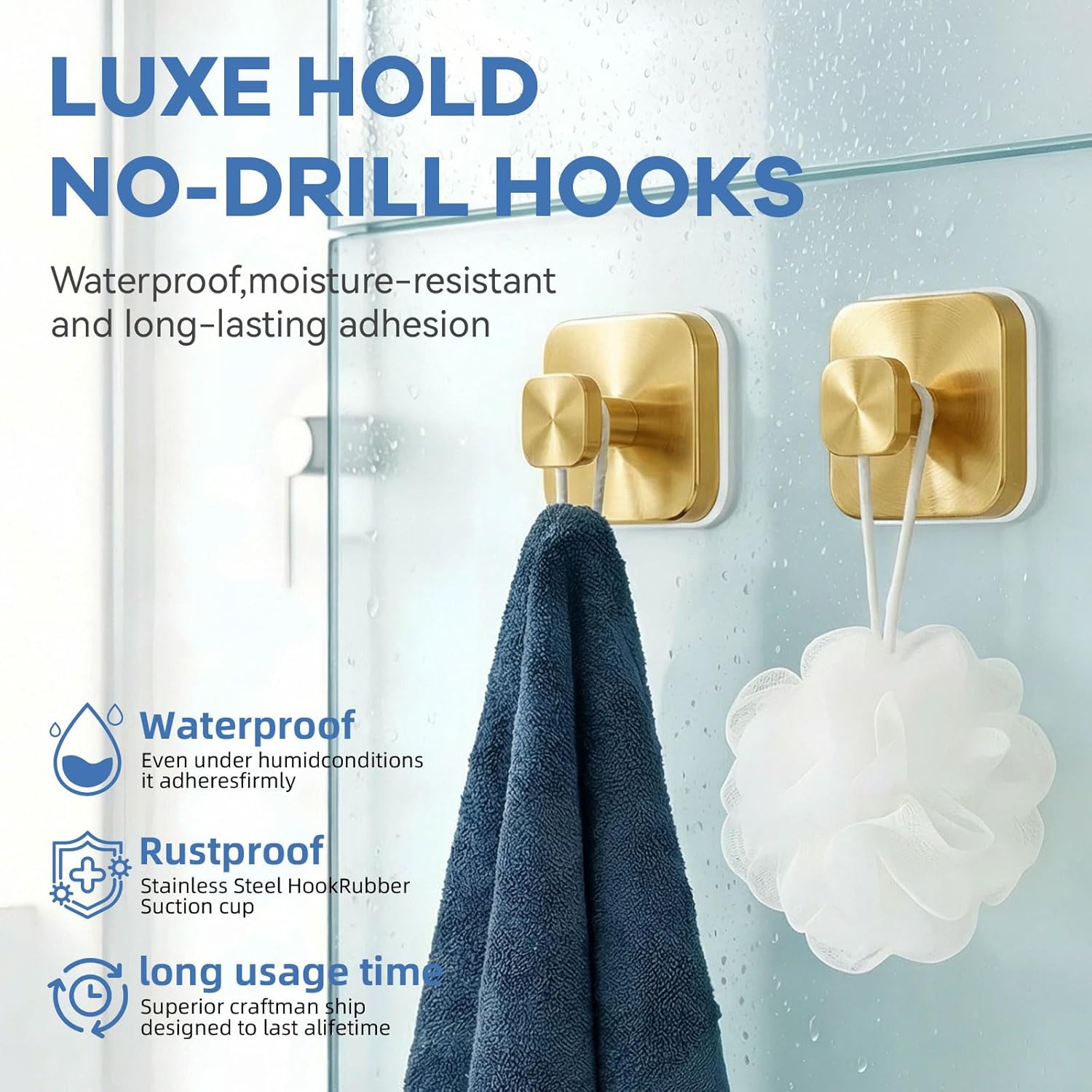 Suction Cup Hooks for Inside Shower,Heavy Duty Reusable No-Drill Hooks for Bathroom Wall,Glass,Windows,Tile-for Hanging Towels,Robes,Loofah - Wreath Hangers for Front Door,4packs (Gold)