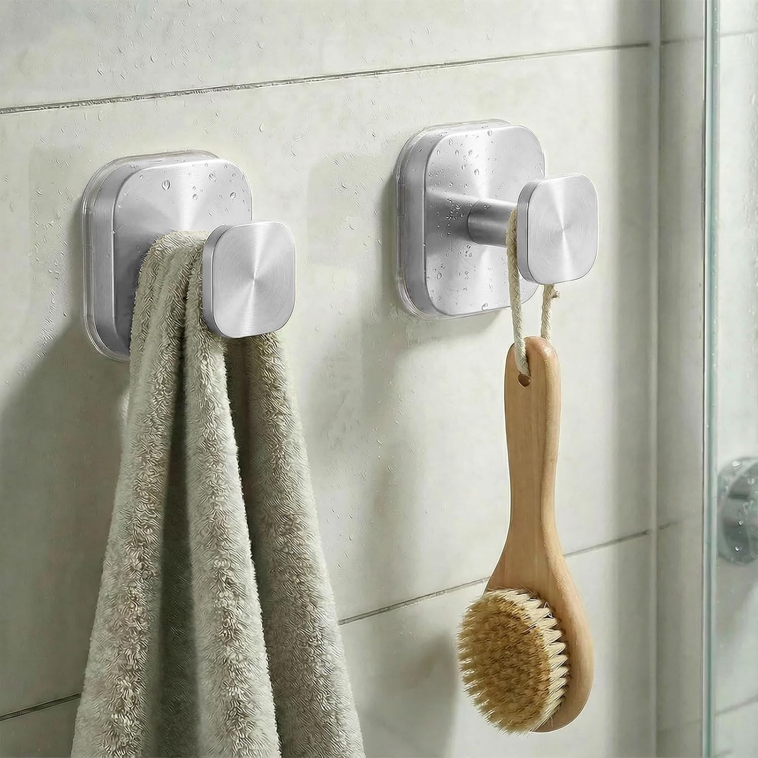 Suction Cup Hooks for Inside Shower,Heavy Duty Reusable No-Drill Hooks for Bathroom Wall,Glass,Windows,Tile - for Hanging Towels,Robes,Loofah-Wreath Hangers for Front Door,4packs (Silver)