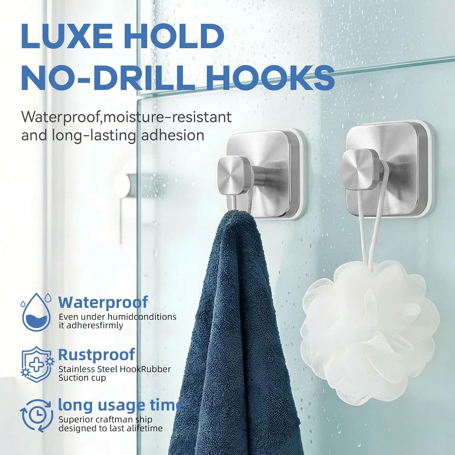 Suction Cup Hooks for Inside Shower,Heavy Duty Reusable No-Drill Hooks for Bathroom Wall,Glass,Windows,Tile - for Hanging Towels,Robes,Loofah-Wreath Hangers for Front Door,4packs (Silver)