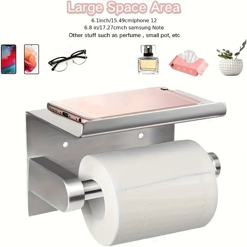 (True color)  1pc Toilet Paper Holder with Shelf, Bathroom Tissue Storage Rack, Wall-Mounted Paper Towel Dispenser, Stainless Steel Bathroom Paper Holder, Bathroom Accessory