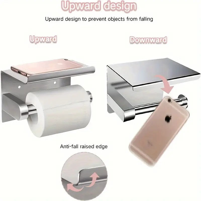 (True color)  1pc Toilet Paper Holder with Shelf, Bathroom Tissue Storage Rack, Wall-Mounted Paper Towel Dispenser, Stainless Steel Bathroom Paper Holder, Bathroom Accessory