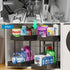 Two-tier pull-out storage rack. An organizational lifesaver for under the kitchen sink. Features adjustable shelves for easy storage of bottles and jars. In a sleek, modern design. Perfect as a kitchen shelf, bathroom organizer, or household storage solut