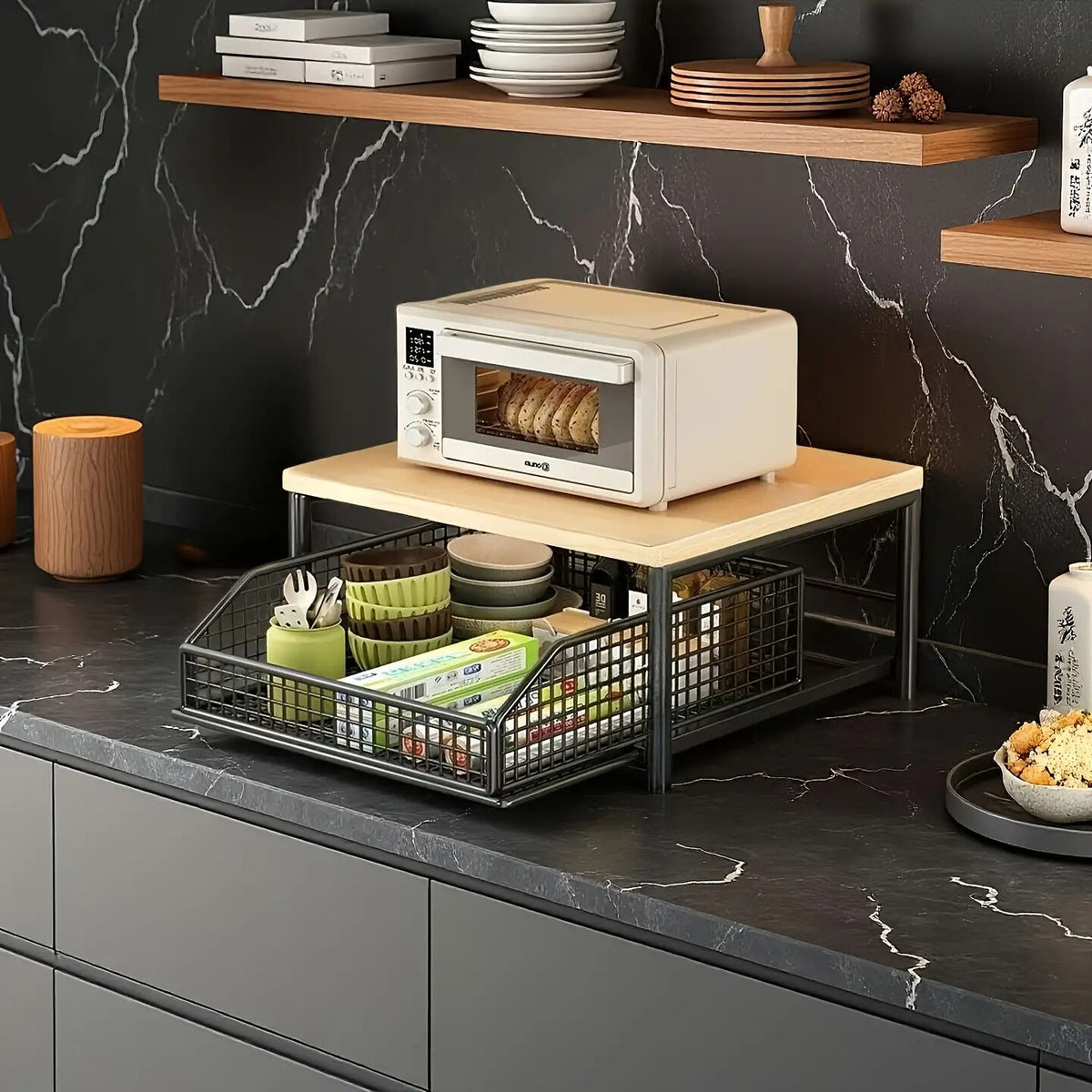 Modern Kitchen Microwave Shelf with Drawer: Sturdy and solid structure, designed to save counter space for storing appliances, utensils, dishes, and household items. Minimalist design suitable for 1000+ scenarios, chosen by 1000 households, WHITE
