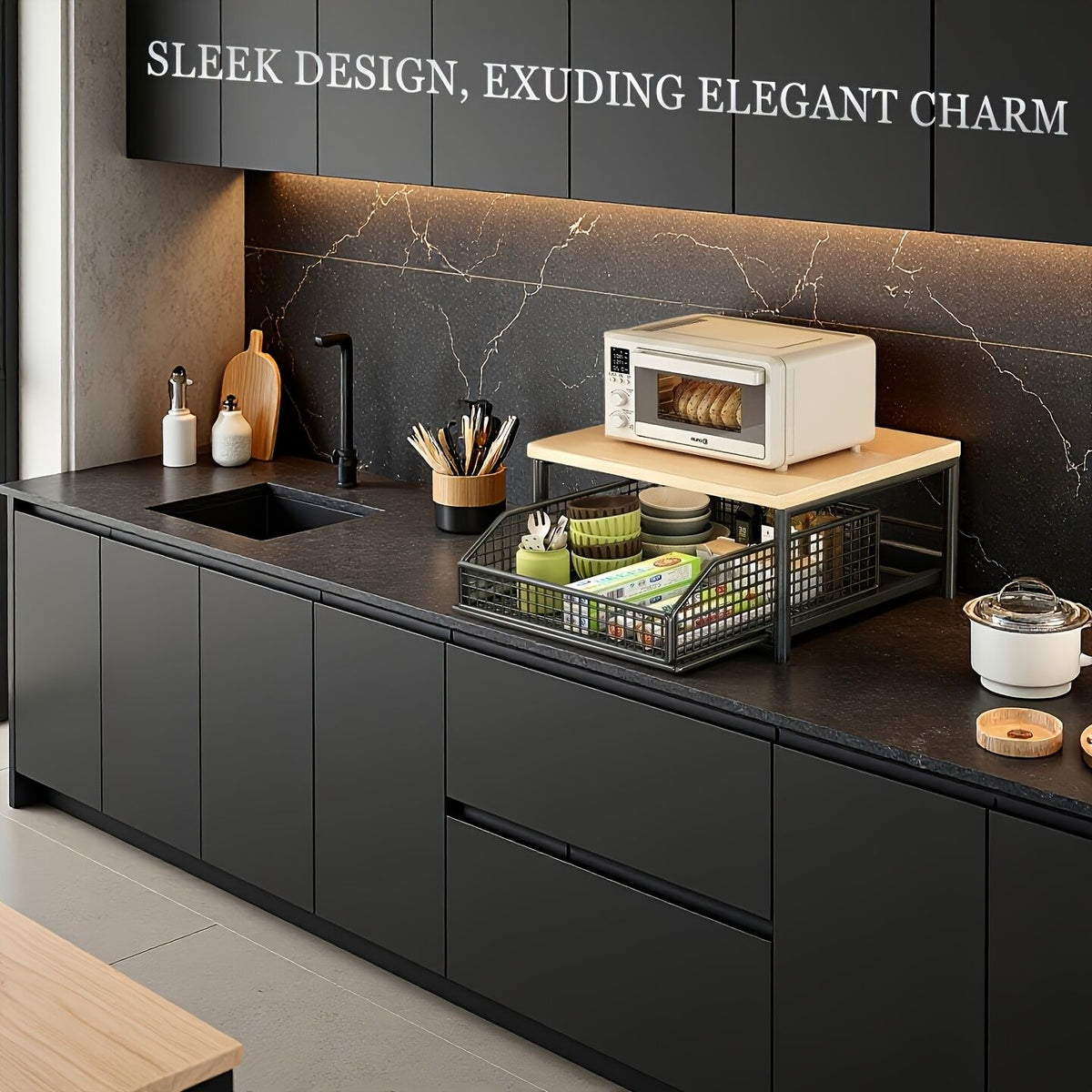 Modern Kitchen Microwave Shelf with Drawer: Sturdy and solid structure, designed to save counter space for storing appliances, utensils, dishes, and household items. Minimalist design suitable for 1000+ scenarios, chosen by 1000 households, WHITE