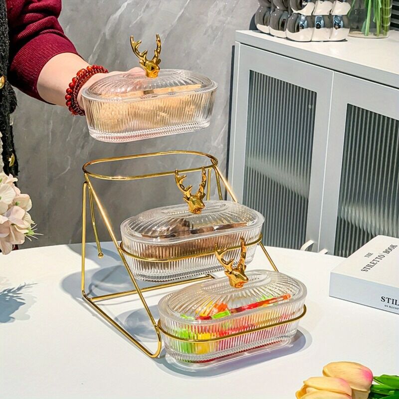 Fashion Three-Tier Covered Snack and Fruit Tray - Sturdy Metal Frame, Nordic Design, Suitable for Kitchen, Living Room, and Parties | Perfect for Holding Dried Fruits, Candies, Nuts | Easy to Clean, Versatile Appetizer Plate, Ideal for Serving and Hosting