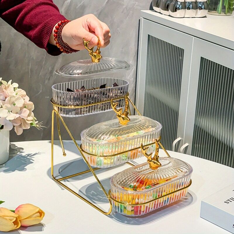 Fashion Three-Tier Covered Snack and Fruit Tray - Sturdy Metal Frame, Nordic Design, Suitable for Kitchen, Living Room, and Parties | Perfect for Holding Dried Fruits, Candies, Nuts | Easy to Clean, Versatile Appetizer Plate, Ideal for Serving and Hosting