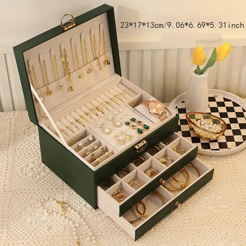 Green  High-end Jewelry Storage Box for Necklaces, Earrings, Ear Studs, Bracelets, Rings, Exquisite Accessories, Gold, and Jewelry – Large Capacity, Ideal as a Gift for Mother’s Day, Father’s Day, Teacher’s Day, Halloween, Thanksgiving, and Christmas.