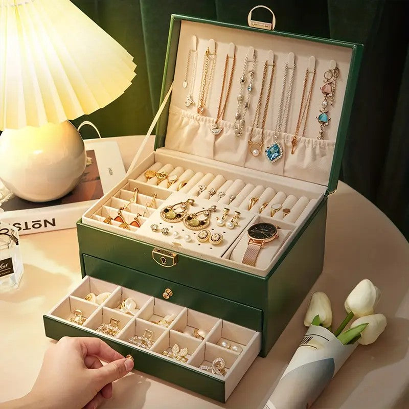 Green  High-end Jewelry Storage Box for Necklaces, Earrings, Ear Studs, Bracelets, Rings, Exquisite Accessories, Gold, and Jewelry – Large Capacity, Ideal as a Gift for Mother’s Day, Father’s Day, Teacher’s Day, Halloween, Thanksgiving, and Christmas.