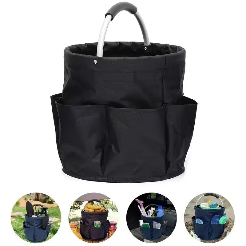 Premium Blue Gardening Storage Bag made of durable 600D Oxford cloth, features 6 deep side pockets for small hand tools, spray bottles, beverages, and more. Equipped with an aluminum alloy handle wrapped in EVA molding for enhanced comfort and longevity.