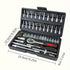 Basic automotive repair manual tool set, including a set of mechanical tools, including ratchet handle, extension pole, universal joint, slider, SAE and metric sockets, hex wrench, and plastic toolbox, excluding batteries. Uncharged manual tool set