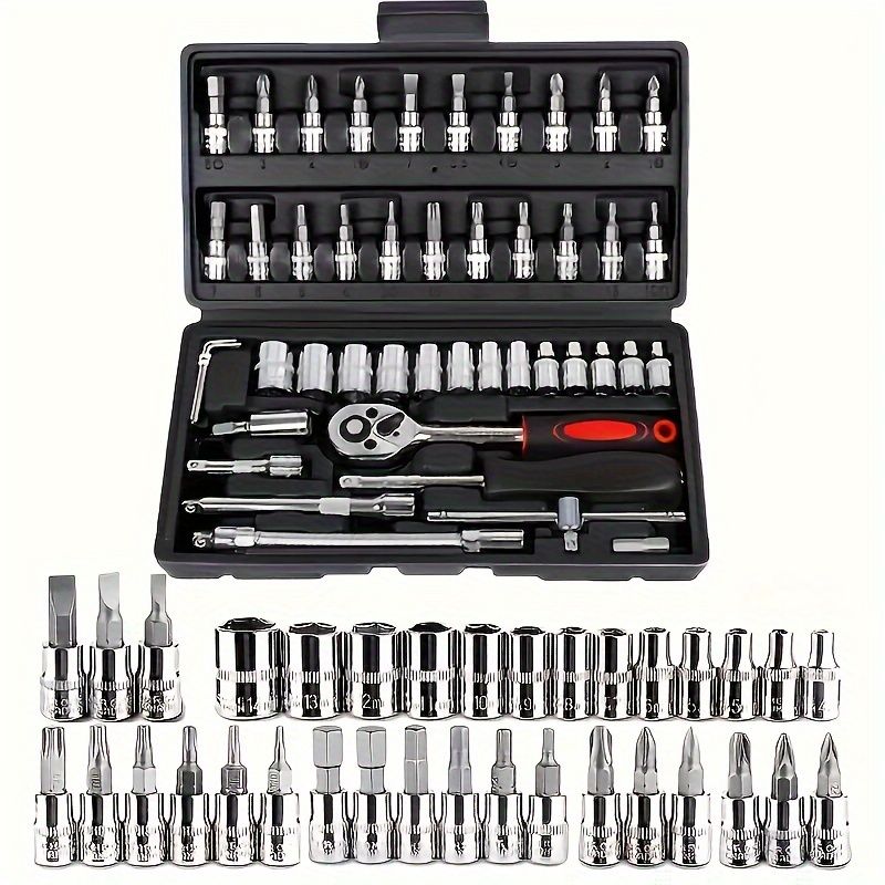 Basic automotive repair manual tool set, including a set of mechanical tools, including ratchet handle, extension pole, universal joint, slider, SAE and metric sockets, hex wrench, and plastic toolbox, excluding batteries. Uncharged manual tool set