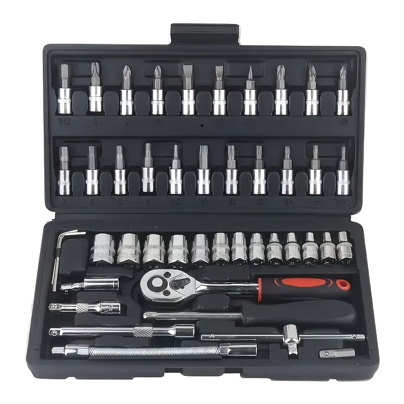 Basic automotive repair manual tool set, including a set of mechanical tools, including ratchet handle, extension pole, universal joint, slider, SAE and metric sockets, hex wrench, and plastic toolbox, excluding batteries. Uncharged manual tool set