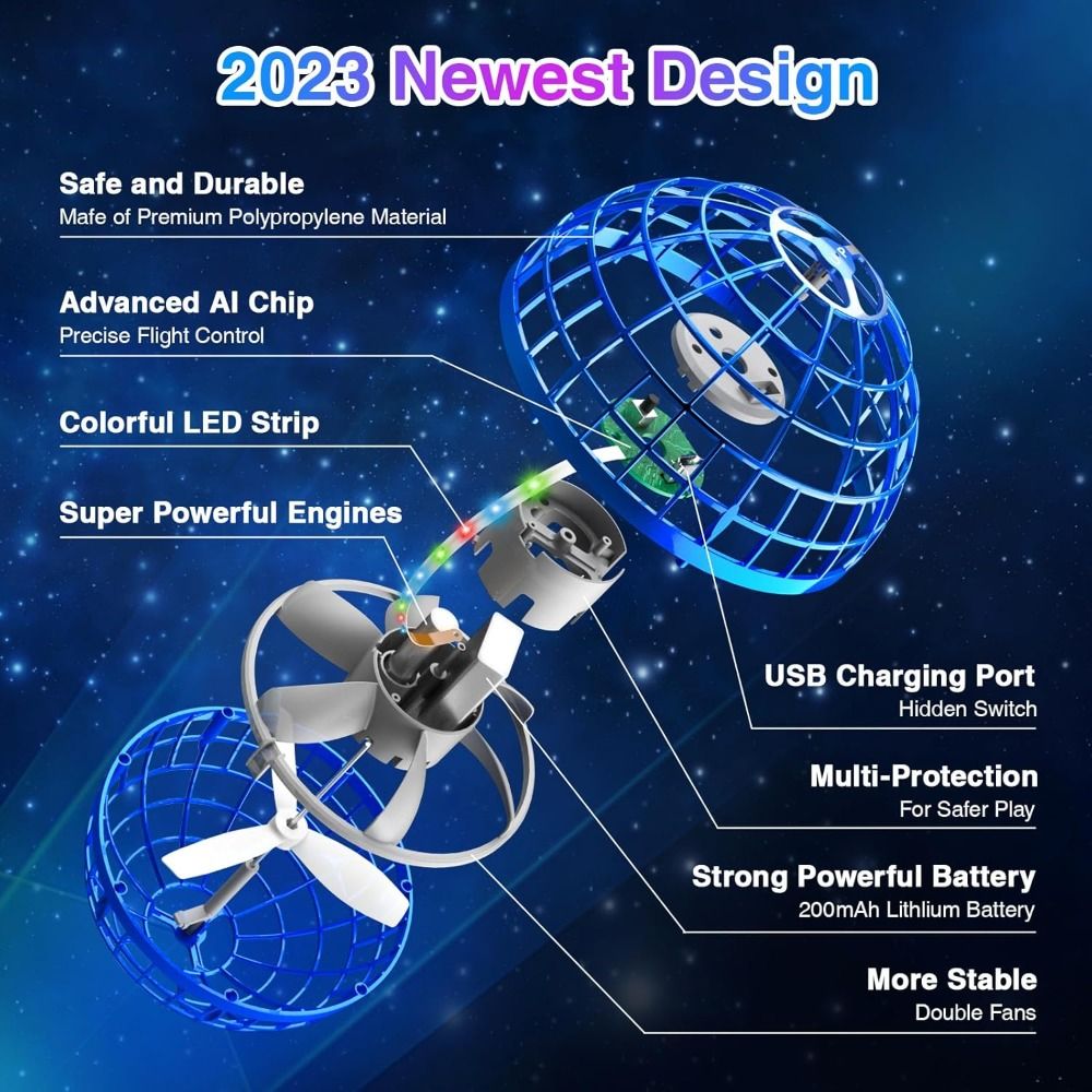 Flying Ball Toy – Hand-controlled Reaction Dart Rotating Drone with LED Lights, Floating Ball Finger Toy, Suitable for Children and Teenagers, Rechargeable Magic Ball, Indoor and Outdoor Play, Christmas and Birthday Gifts (Blue)