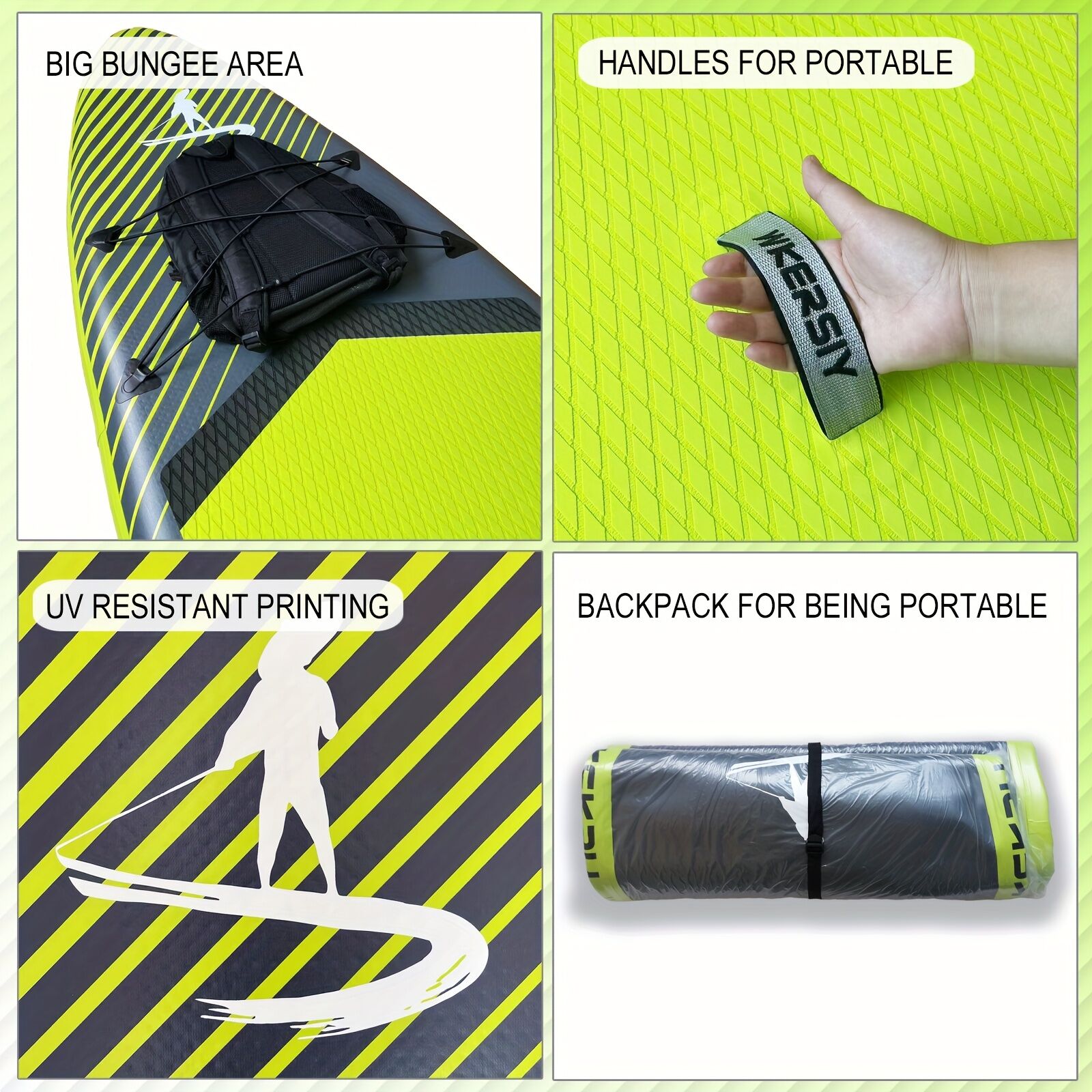 Inflatable vertical paddle set for water sports and surfing-including air pump, paddle, rope, backpack, fin box and maintenance tools.