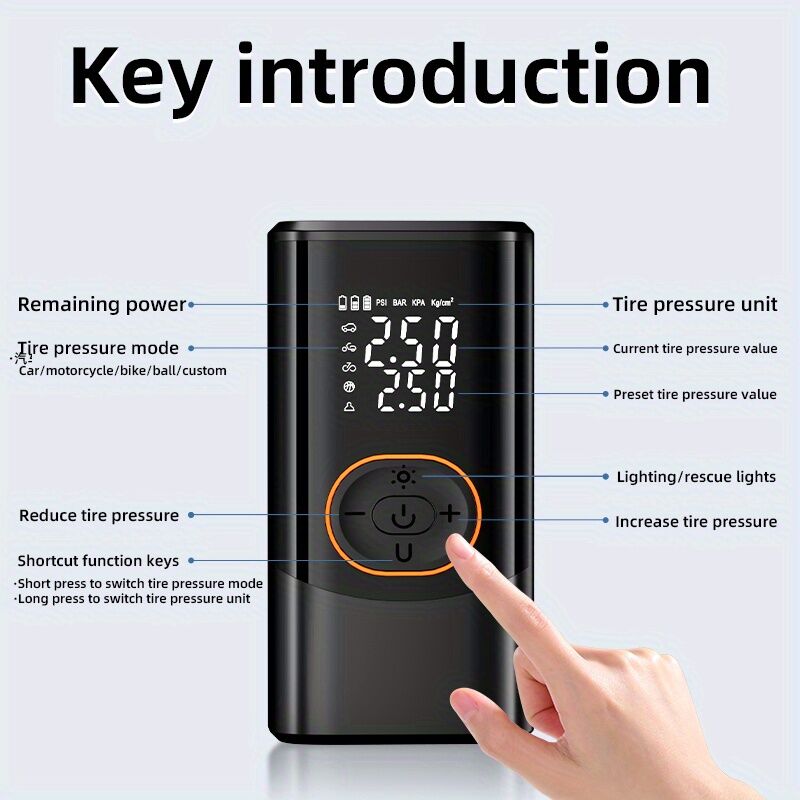 Portable air compressor for tires with digital pressure gauge, 150PSI rechargeable battery, LED light, wireless bicycle tire pump for cars, motorcycles, bicycles, etc., black