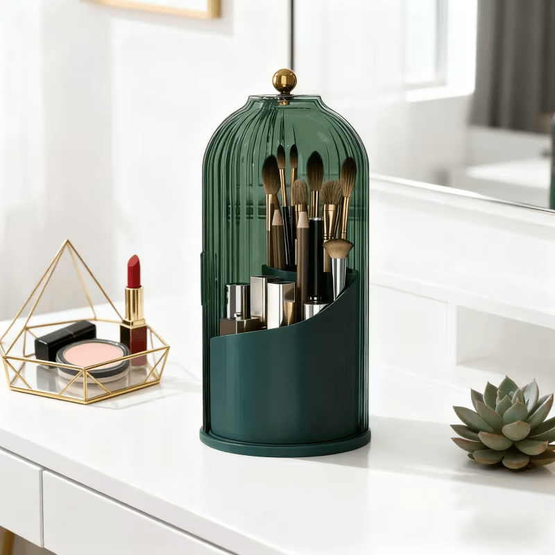 Transparent Rotating Makeup Brush Holder: 360° Rotation for Easy Access, Dust-Proof with Compartments, Neat and Portable(Transparent green）