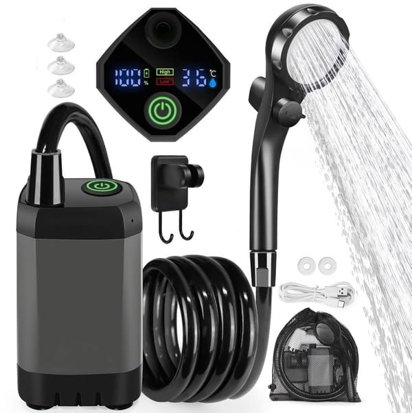 Portable shower pump, equipped with a rechargeable 6000mAh battery - outdoor shower, IPX7 waterproof, with temperature display - suitable for camping, car washing and pet car washing (gray)