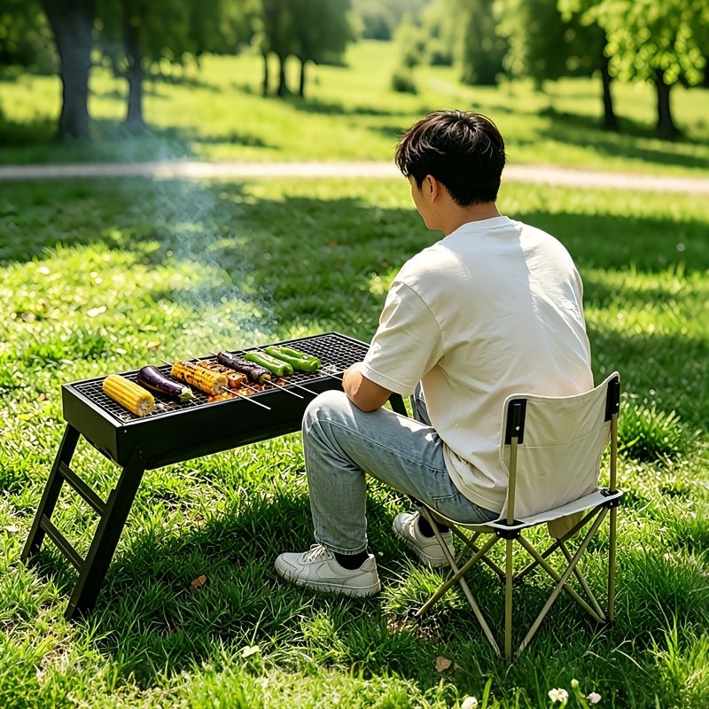 Portable foldable barbecue grill with adjustable height and built-in side rack - heavy-duty metal outdoor barbecue grill, suitable for backyard, camping, picnic - compact storage design with external barbecue cover, durable paint surface, suitable for out