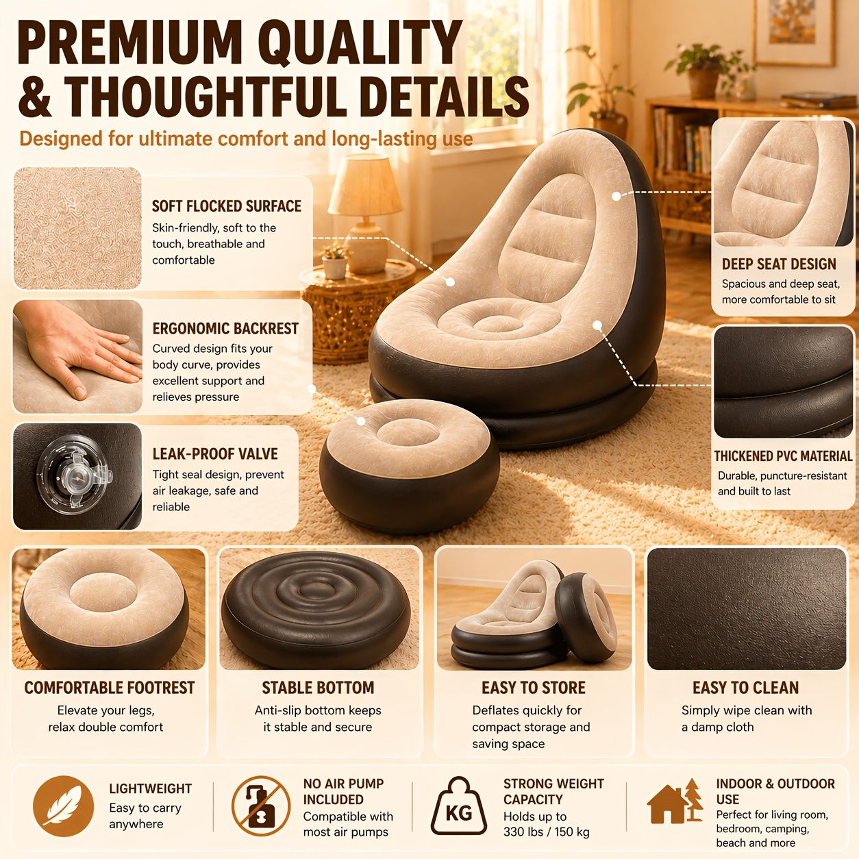 Large size inflatable sofa with foot pedal / foot stool Large size wide seat deep sitting feeling, high back embracing support, strong load capacity, suitable for all weights and body types Thick and wear-resistant PVC material is strong and resistant to