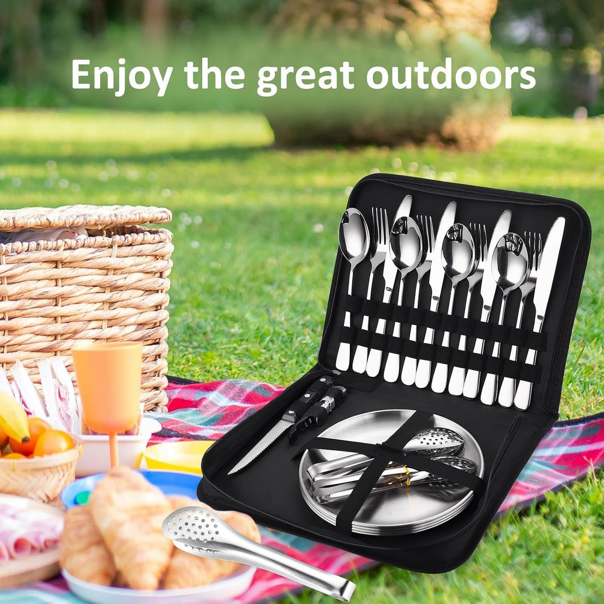 20Pcs Portable Camping Cutlery Set, Stainless Steel Picnic Utensils with Plates and Bottle Opener, Portable Cooking Utensils for 2, for Camping, Picnic, Outdoor Hiking