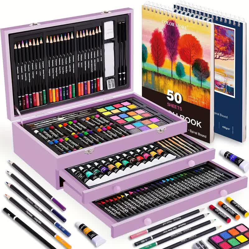 Purple 175-Piece Deluxe Art Set with 2 Drawing Boards, Wax Crayons, Acrylic Paints, Colored Pencils, Wooden Storage Case – Professional Painting Kit, Art Supplies, Ideal Gift for Christmas, Halloween, and Back-to-School Season