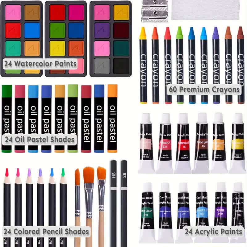 Black 175-Piece Deluxe Art Set with 2 Drawing Boards, Wax Crayons, Acrylic Paints, Colored Pencils, Wooden Storage Case – Professional Painting Kit, Art Supplies, Ideal Gift for Christmas, Halloween, and Back-to-School Season