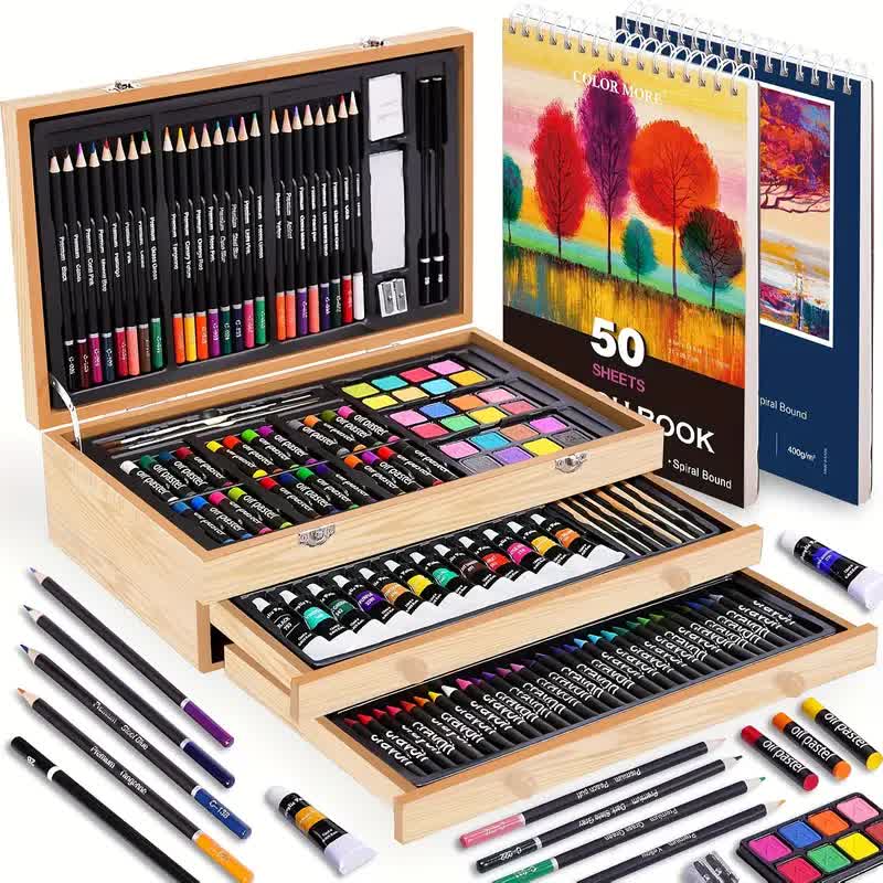 Wood color 175-Piece Deluxe Art Set with 2 Drawing Boards, Wax Crayons, Acrylic Paints, Colored Pencils, Wooden Storage Case – Professional Painting Kit, Art Supplies, Ideal Gift for Christmas, Halloween, and Back-to-School Season