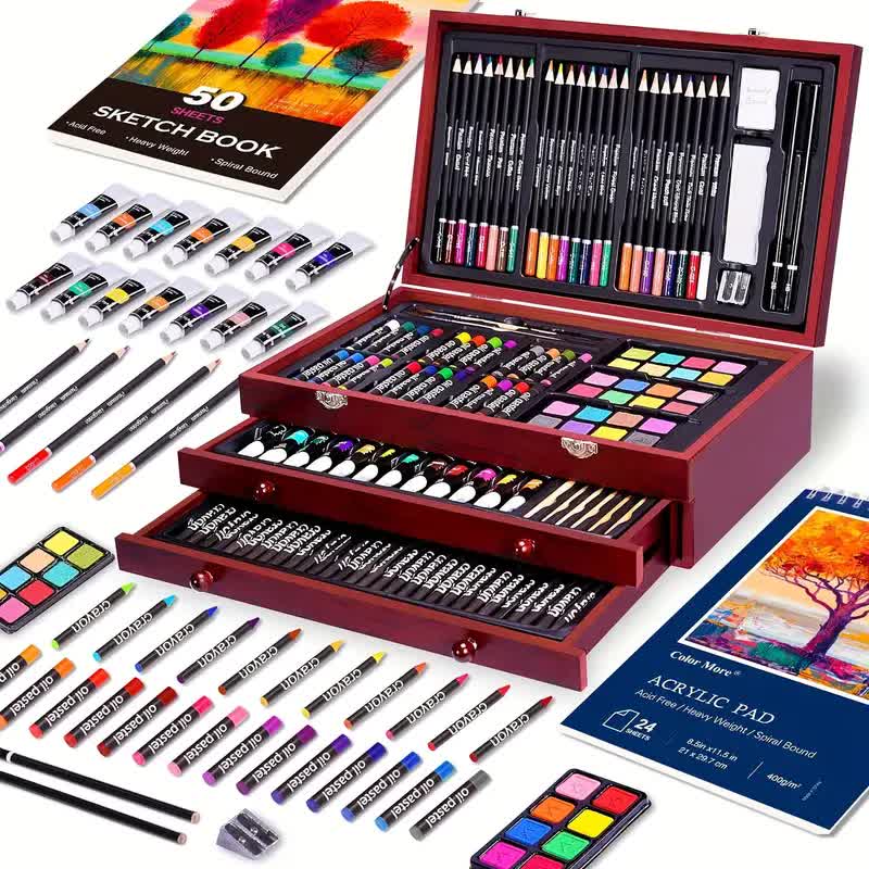 Wood color 175-Piece Deluxe Art Set with 2 Drawing Boards, Wax Crayons, Acrylic Paints, Colored Pencils, Wooden Storage Case – Professional Painting Kit, Art Supplies, Ideal Gift for Christmas, Halloween, and Back-to-School Season