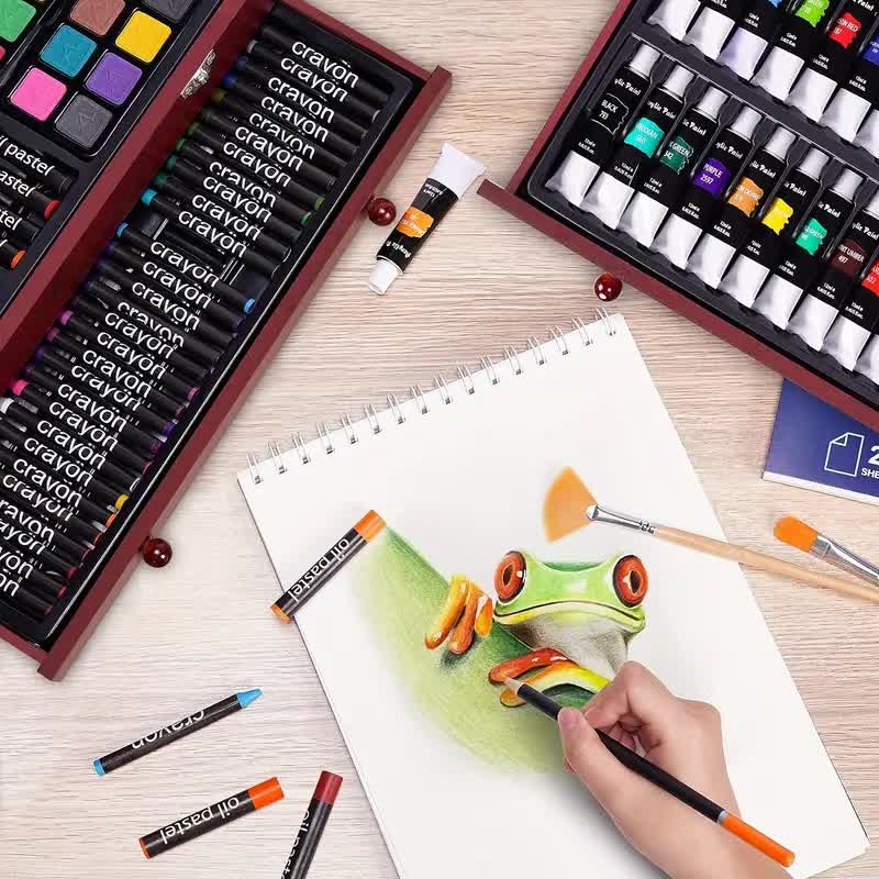 Cherry red 175-Piece Deluxe Art Set with 2 Drawing Boards, Wax Crayons, Acrylic Paints, Colored Pencils, Wooden Storage Case – Professional Painting Kit, Art Supplies, Ideal Gift for Christmas, Halloween, and Back-to-School Season