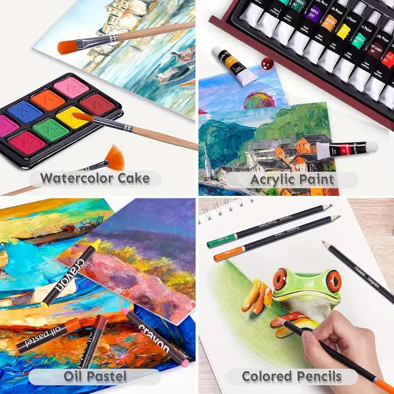 Cherry red 175-Piece Deluxe Art Set with 2 Drawing Boards, Wax Crayons, Acrylic Paints, Colored Pencils, Wooden Storage Case – Professional Painting Kit, Art Supplies, Ideal Gift for Christmas, Halloween, and Back-to-School Season