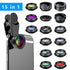 15-in-1 kit with multiple special effects functions, compatible with iPhone and Android smartphones. Includes: 198 fisheye, 0.63x wide angle, 15x macro, 2x telephoto, CPL polarizer, kaleidoscope lens, star filter, mist filter, radial filter