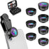 15-in-1 kit with multiple special effects functions, compatible with iPhone and Android smartphones. Includes: 198 fisheye, 0.63x wide angle, 15x macro, 2x telephoto, CPL polarizer, kaleidoscope lens, star filter, mist filter, radial filter