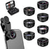 15-in-1 kit with multiple special effects functions, compatible with iPhone and Android smartphones. Includes: 198 fisheye, 0.63x wide angle, 15x macro, 2x telephoto, CPL polarizer, kaleidoscope lens, star filter, mist filter, radial filter