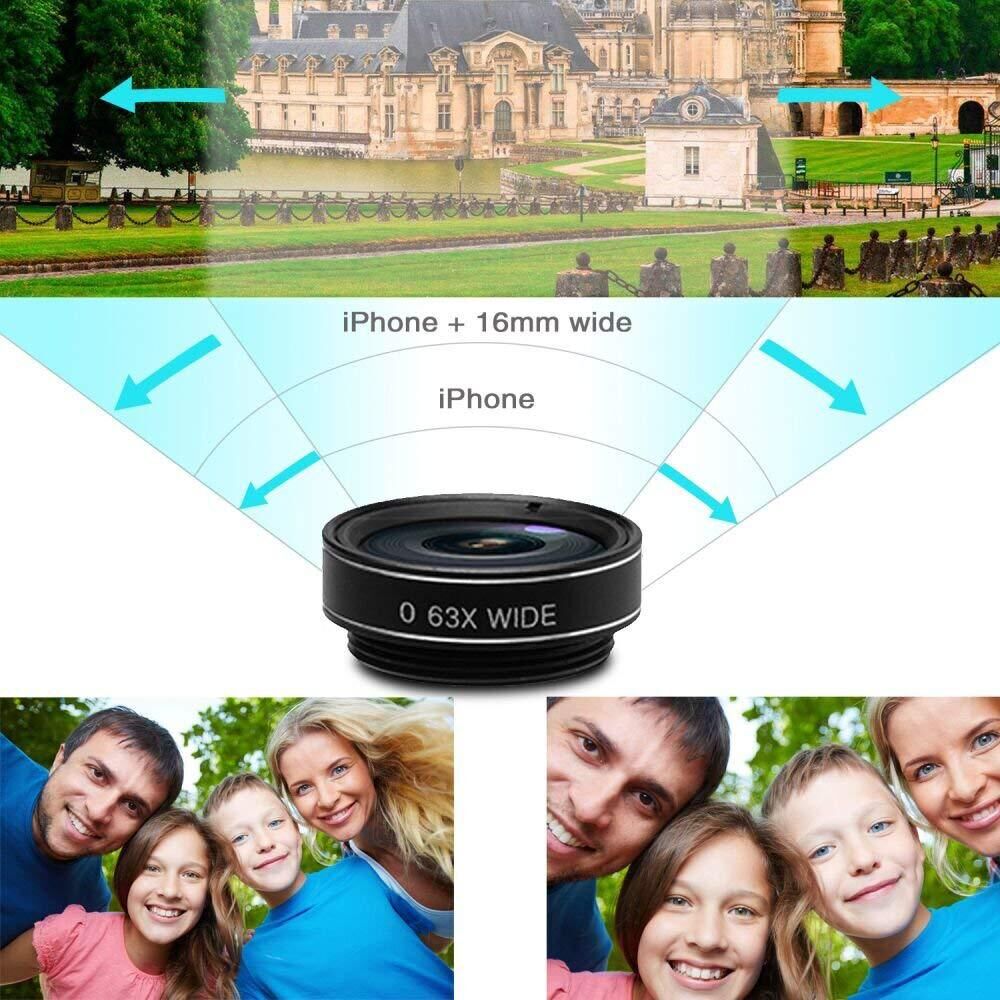 15-in-1 kit with multiple special effects functions, compatible with iPhone and Android smartphones. Includes: 198 fisheye, 0.63x wide angle, 15x macro, 2x telephoto, CPL polarizer, kaleidoscope lens, star filter, mist filter, radial filter