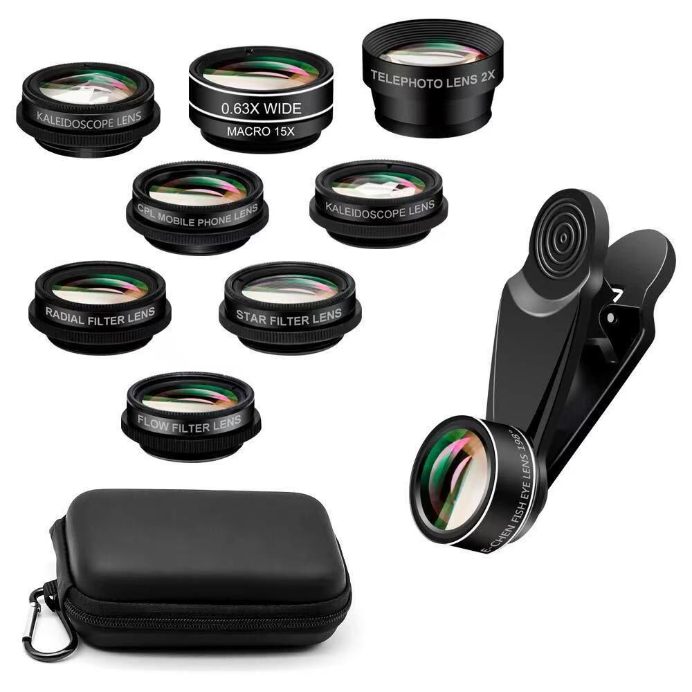15-in-1 kit with multiple special effects functions, compatible with iPhone and Android smartphones. Includes: 198 fisheye, 0.63x wide angle, 15x macro, 2x telephoto, CPL polarizer, kaleidoscope lens, star filter, mist filter, radial filter