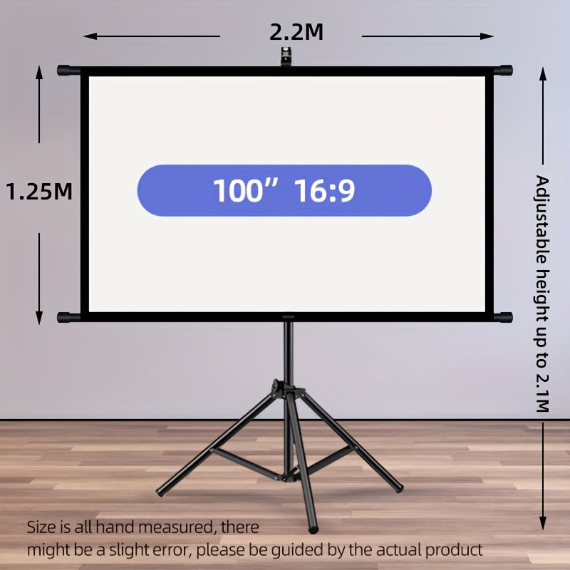 100in Portable and mobile projection screen with tripod stand, 16:9 HD format, suitable for home theater and indoor wall mounting. Made of polyester fabric, easy to set up and use. Ideal for office presentations and home entertainment, ready to use right