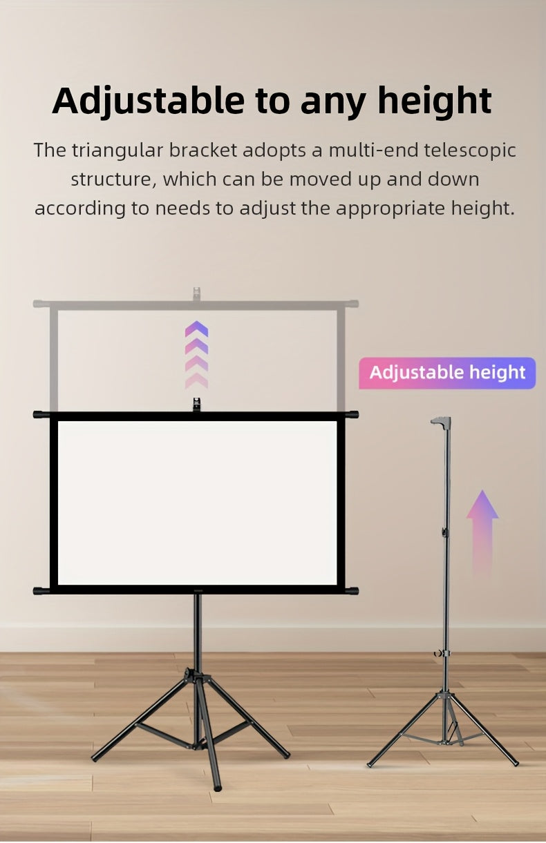 100in Portable and mobile projection screen with tripod stand, 16:9 HD format, suitable for home theater and indoor wall mounting. Made of polyester fabric, easy to set up and use. Ideal for office presentations and home entertainment, ready to use right