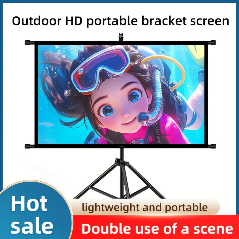 100in Portable and mobile projection screen with tripod stand, 16:9 HD format, suitable for home theater and indoor wall mounting. Made of polyester fabric, easy to set up and use. Ideal for office presentations and home entertainment, ready to use right