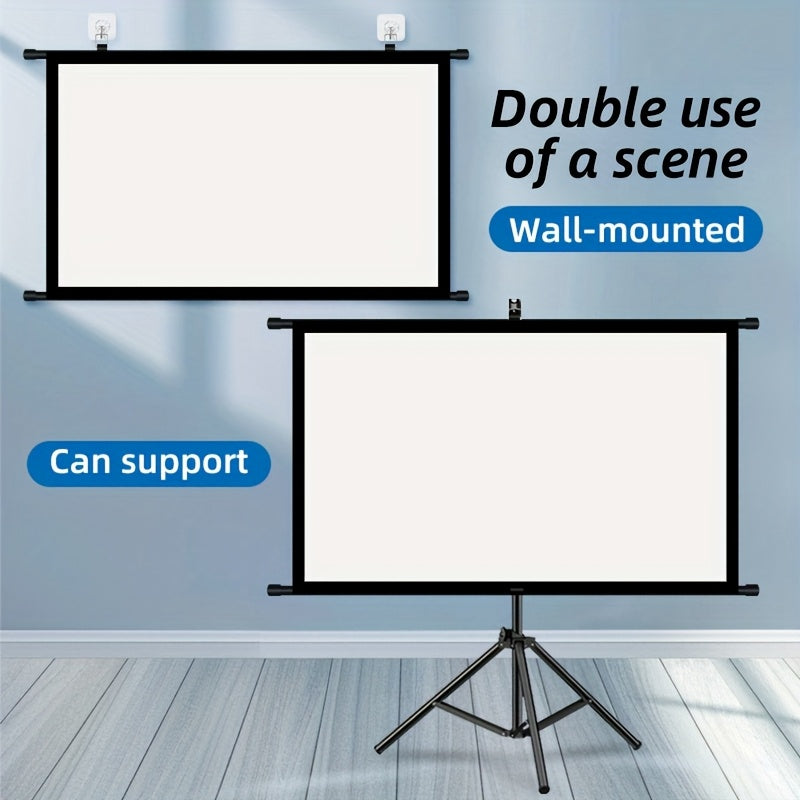 120in Portable and mobile projection screen with tripod stand, 16:9 HD format, suitable for home theater and indoor wall mounting. Made of polyester fabric, easy to set up and use. Ideal for office presentations and home entertainment, ready to use right