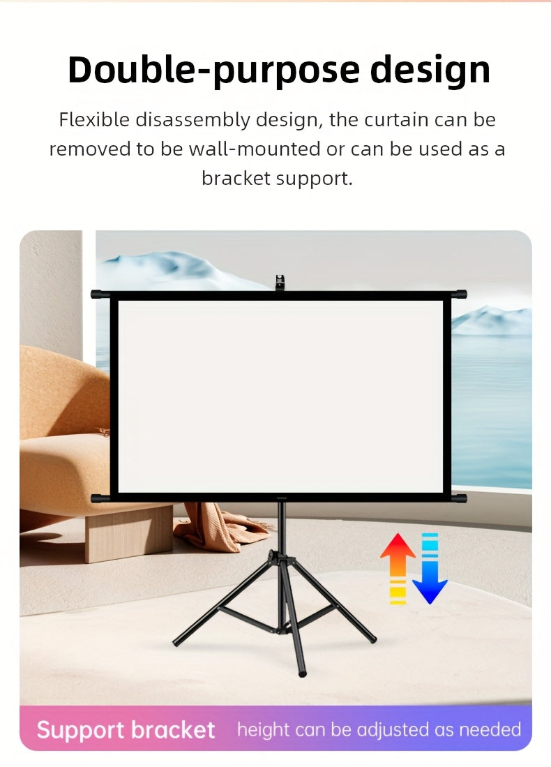 120in Portable and mobile projection screen with tripod stand, 16:9 HD format, suitable for home theater and indoor wall mounting. Made of polyester fabric, easy to set up and use. Ideal for office presentations and home entertainment, ready to use right