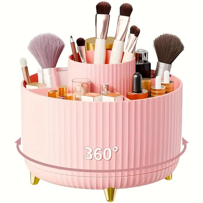 360° Rotating Multi-Compartment Makeup Brush Holder: Luxurious Vertical Texture with Golden Feet Design, Scientifically Organized Storage, One Cylinder to Tidy Your Vanity Table(White))