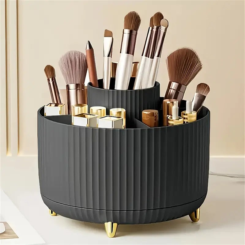 360° Rotating Multi-Compartment Makeup Brush Holder: Luxurious Vertical Texture with Golden Feet Design, Scientifically Organized Storage, One Cylinder to Tidy Your Vanity Table.(Black)